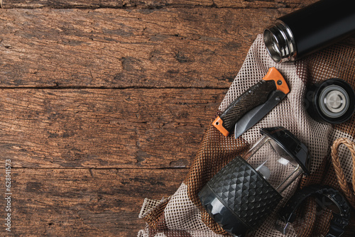 Top View Set of camping Equipment in wild survival.
