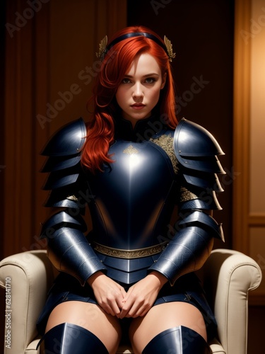a red head female heroine with black armor sitting on a fantasy throne