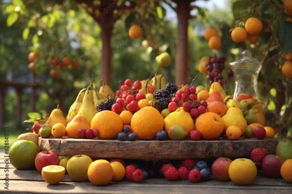 there are fruits on the table in the garden. ai generator there are fruits on the table in the garden. ai generator
