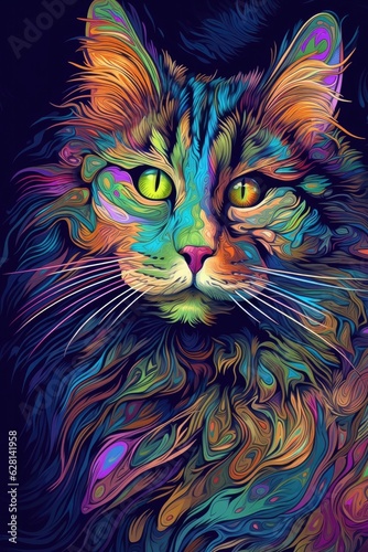 Highlander cat psychedelic look. Generative AI