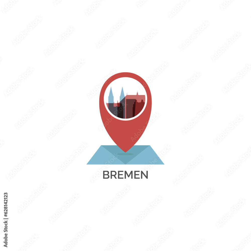 Germany, Bremen icon and logo of map pin pointer, geolocation, skyline shape. Vector flat isolated illustration. Web emblem concept with landmarks and building silhouettes Germany, Bremen icon and logo of map pin pointer, geolocation, skyline shape. Vector flat isolated illustration. Web emblem concept with landmarks and building silhouettes