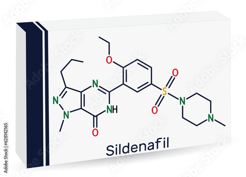 Sildenafil molecule. It is drug for the treatment of erectile dysfunction. Skeletal chemical formula. Paper packaging for drugs. Vector photo