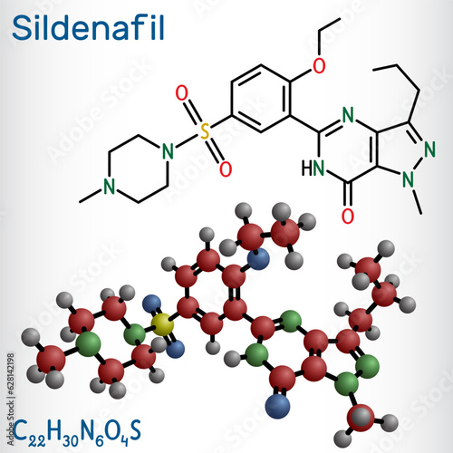 Sildenafil molecule. It is drug for the treatment of erectile dysfunction. Structural chemical formula, molecule model. Vector