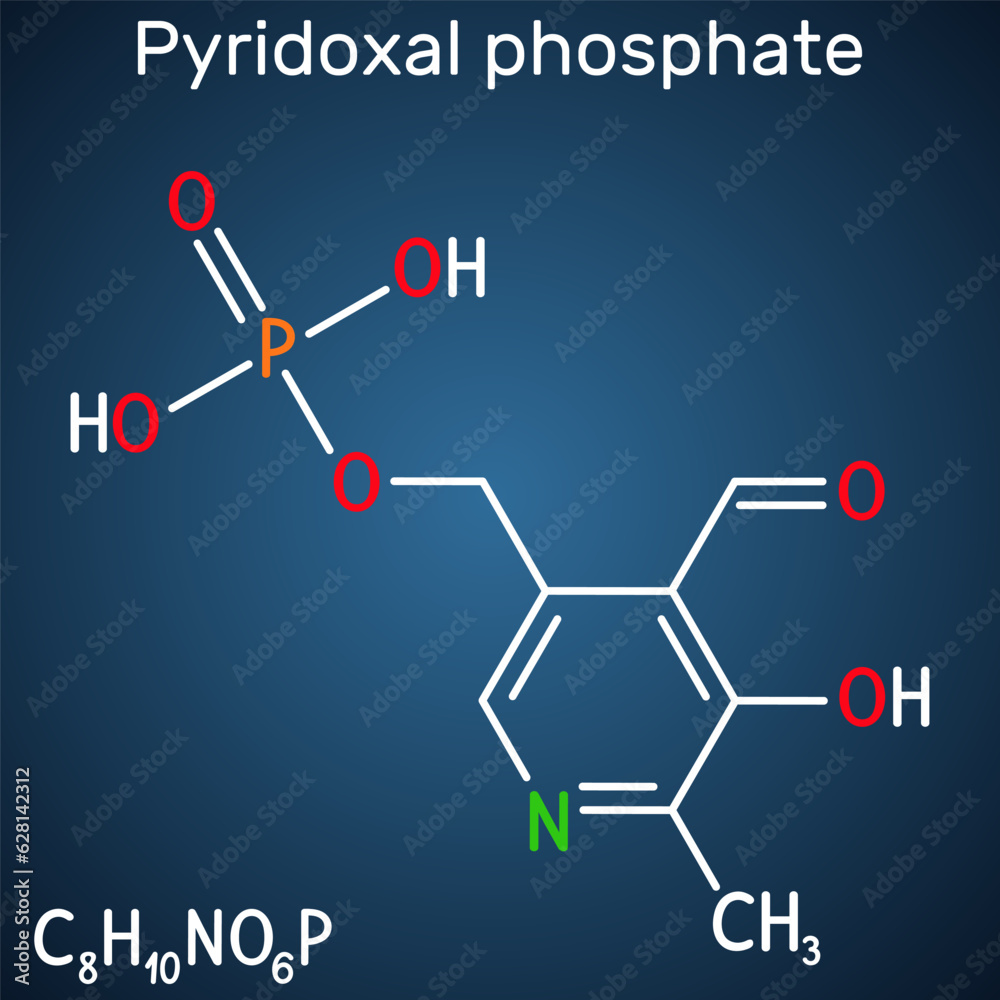Pyridoxal phosphate, PLP molecule. It is active form of vitamin B6 and coenzyme. Structural chemical formula on the dark blue background. Vector Pyridoxal phosphate, PLP molecule. It is active form of vitamin B6 and coenzyme. Structural chemical formula on the dark blue background. Vector