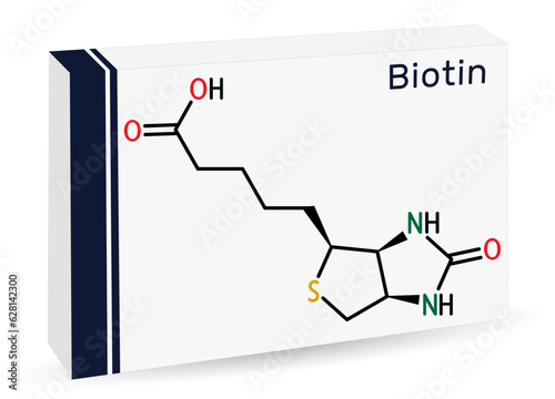 Biotin molecule. Vitamin B7, found in many multivitamin products Skeletal chemical formula. Paper packaging for drugs. Vector