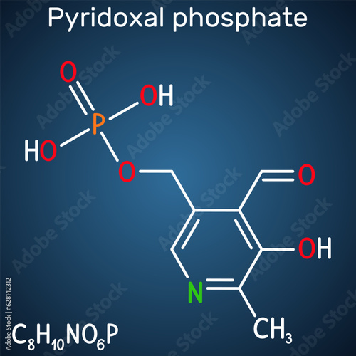 Pyridoxal phosphate, PLP molecule. It is active form of vitamin B6 and coenzyme. Structural chemical formula on the dark blue background. Vector