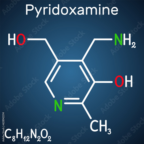 Pyridoxamine molecule. It is form of vitamin B6. Structural chemical formula on the dark blue background. Vector