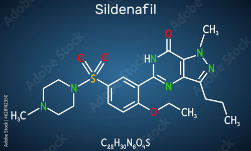 Sildenafil molecule. It is drug for the treatment of erectile dysfunction. Structural chemical formula on the dark blue background. Vector