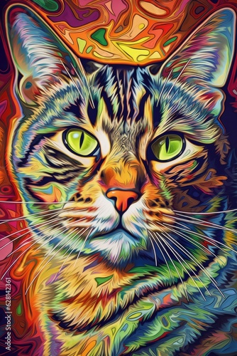 American Shorthair cat psychedelic look. Generative AI