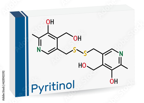 Pyritinol molecule, pyridoxine disulfide, cognitive drug. Сomponent of nootropic dietary supplements. Skeletal chemical formula. Paper packaging for drugs. Vector photo
