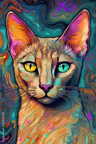 Chausie Siamese cat psychedelic look. Generative AI © Razvan