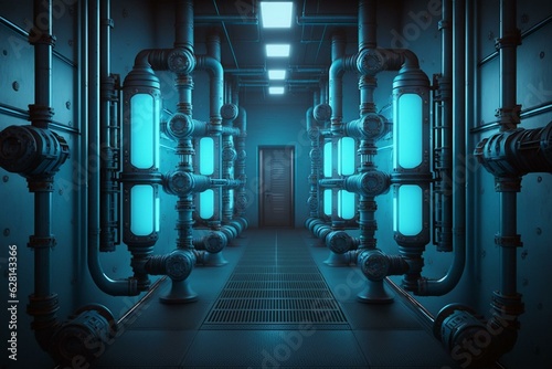 Industrial sci-fi control room corridor with blue pipe lighting and metal grates. 3D rendered background. Generative AI