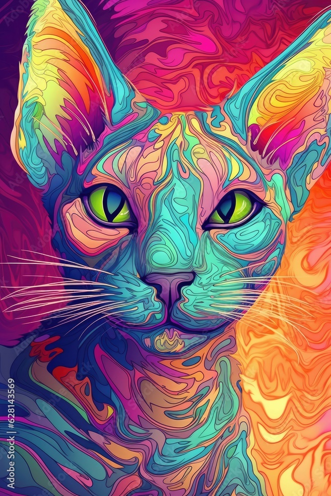 Savannah Sphynx cat psychedelic look. Generative AI