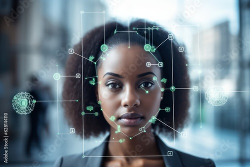 portrait Face recognition technology scanning young businesswoman face biometrical authentication photo