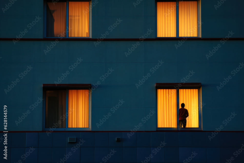 Silhouette of lonely person looking out of window lit by orange in multistory building in evening Silhouette of lonely person looking out of window lit by orange in multistory building in evening
