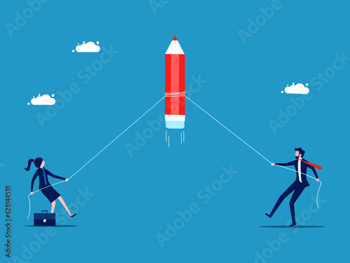 Compete for development. Businessmen and women compete to pull a pencil. vector illustration