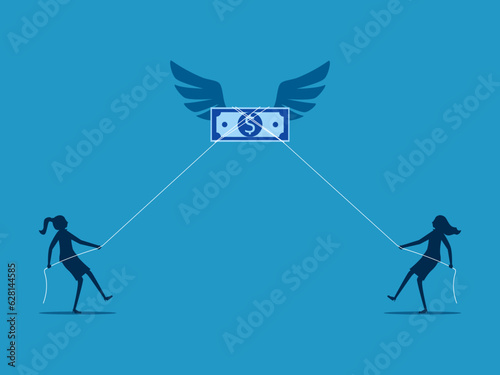 Finance and investment. Two businesswomen compete to pull banknotes. vector illustration