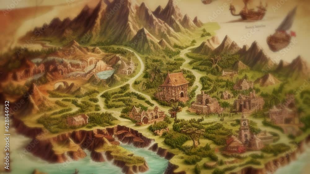 drawing of an ancient treasure map for a fantasy adventure with mountains, houses, cities, roads and pirate ships - tour animation of an island manuscriptvintage illustration