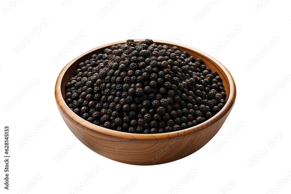 Black peppers in wood bowl isolated on transparent background. Generative Ai
