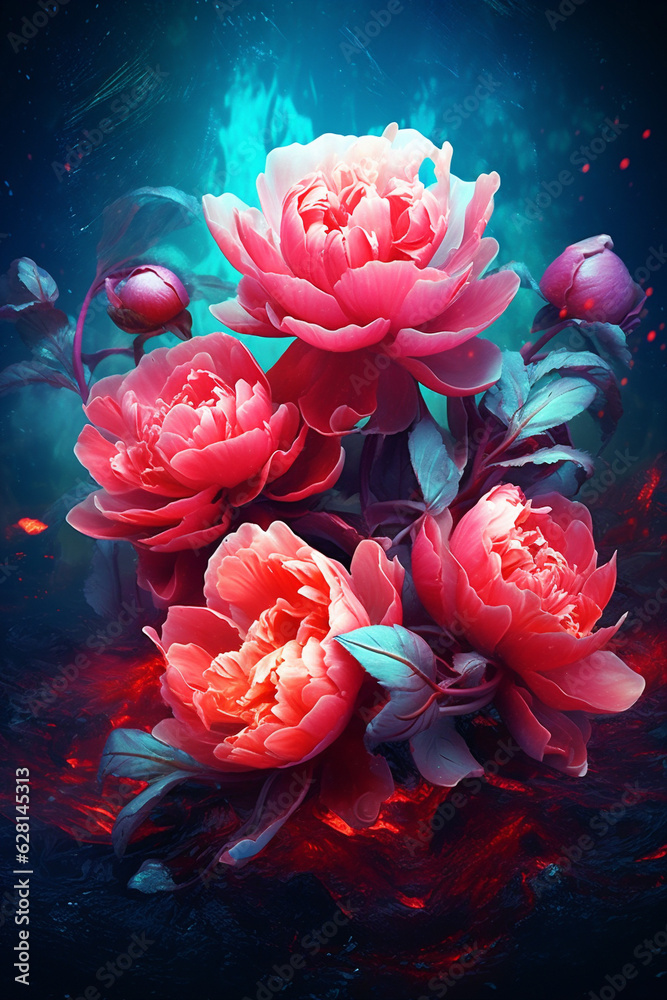 Obraz premium flora colours nature design flower bloom blossom bright neon peony. Generative AI.