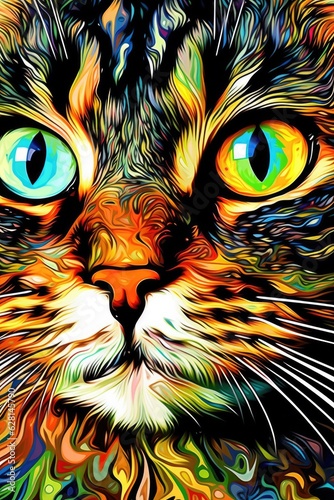 American Wirehair cat psychedelic look. Generative AI