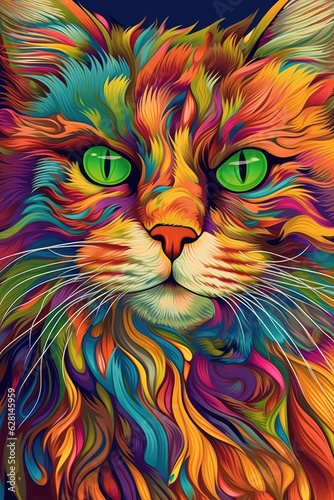 Domestic Longhair Persian cat psychedelic look. Generative AI
