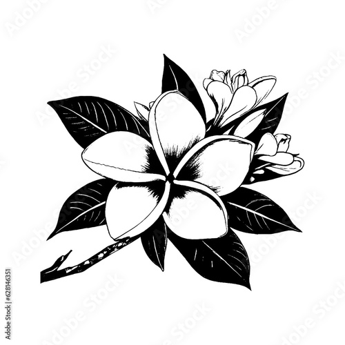 Plumeria Flower Bud Black and White Linear Drawing Closeup Vector Illustration