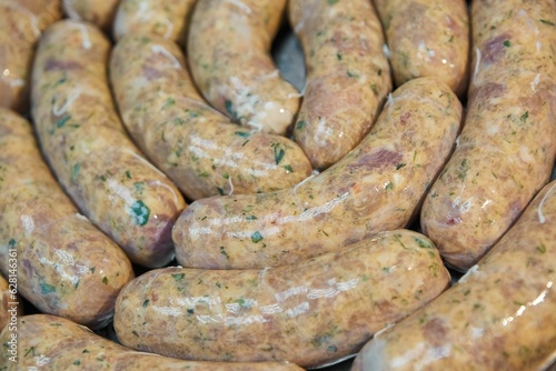 Raw sausages, close-up. Raw food for cooking.