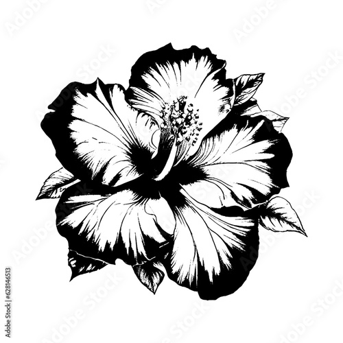 Hibiscus Flower Bud Black and White Linear Drawing Closeup Vector Illustration