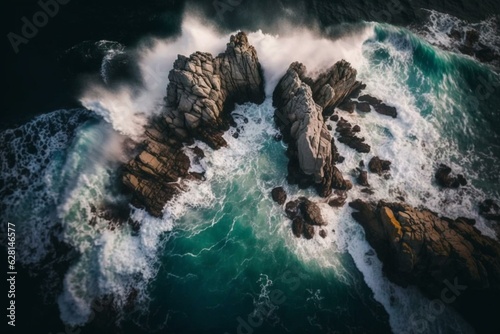 Aerial view of ocean waves crashing on rocks. Generative AI