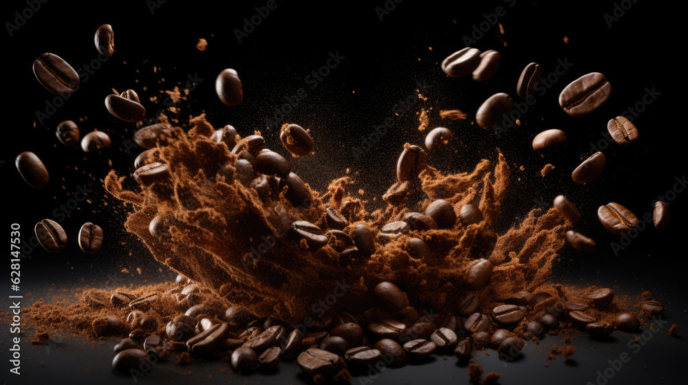 Roasted coffee beans fall on a pile of beans. - obrazy, fototapety, plakaty 
