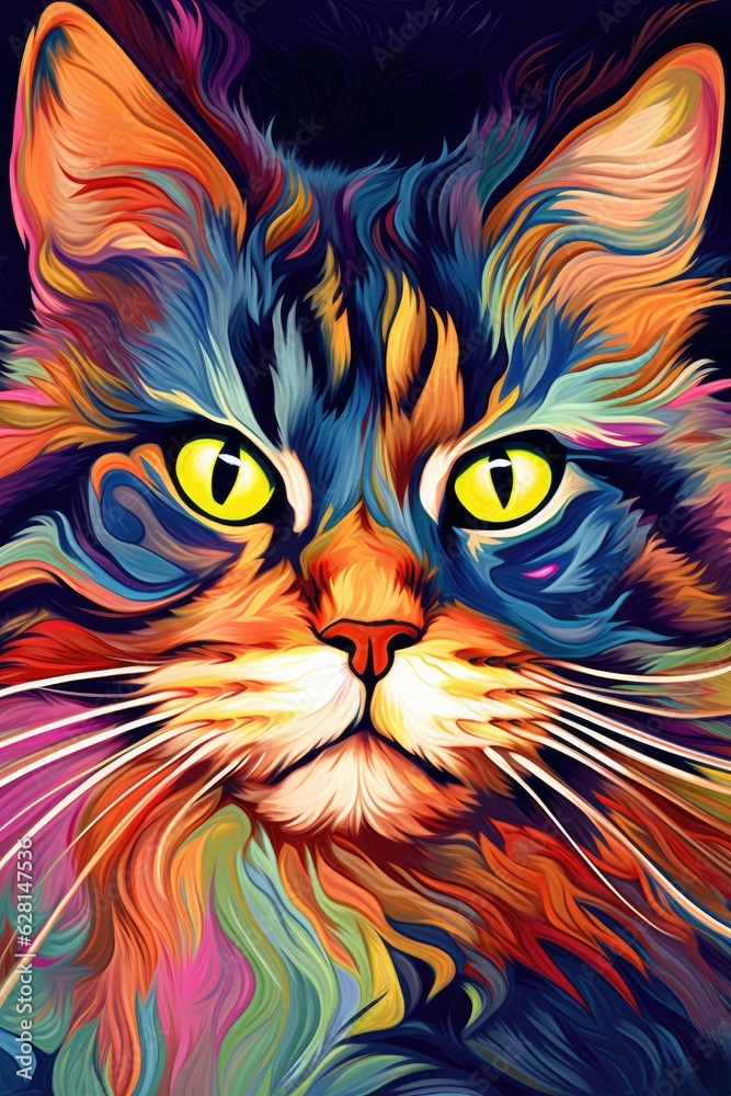 Ragamuffin cat psychedelic look. Generative AI