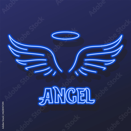 wings halo neon sign, modern glowing banner design, colorful modern design trends on black background. Vector illustration.