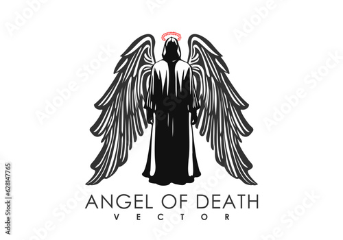 Vector logo or emblem. Graphic black winged angel of death with a red halo. Religion and culture. White isolated background.
