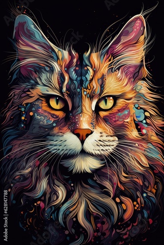 Maine Coon Siamese cat psychedelic look. Generative AI © Razvan