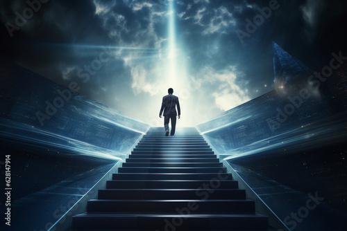Ambitious businessman climbing the stairs to success. concept of career path success, future planning and business competitions. High quality photo © Starmarpro