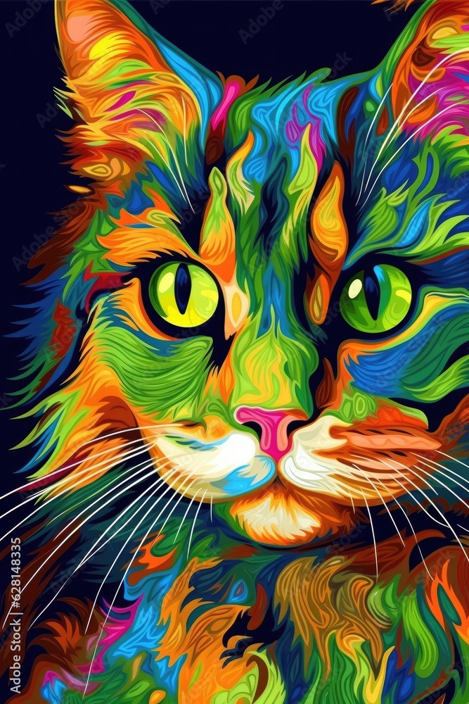 Kurilian Bobtail cat psychedelic look. Generative AI