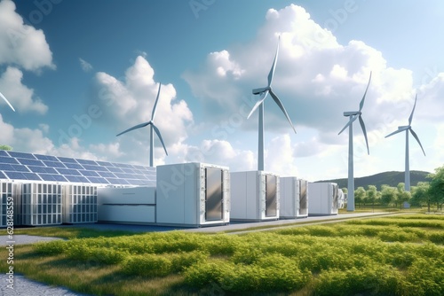 Foto Conceptual image of a modern battery energy storage system with wind turbines an