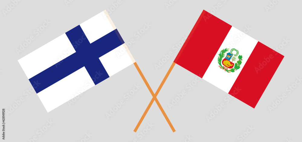 Crossed flags of Finland and Peru. Official colors. Correct proportion