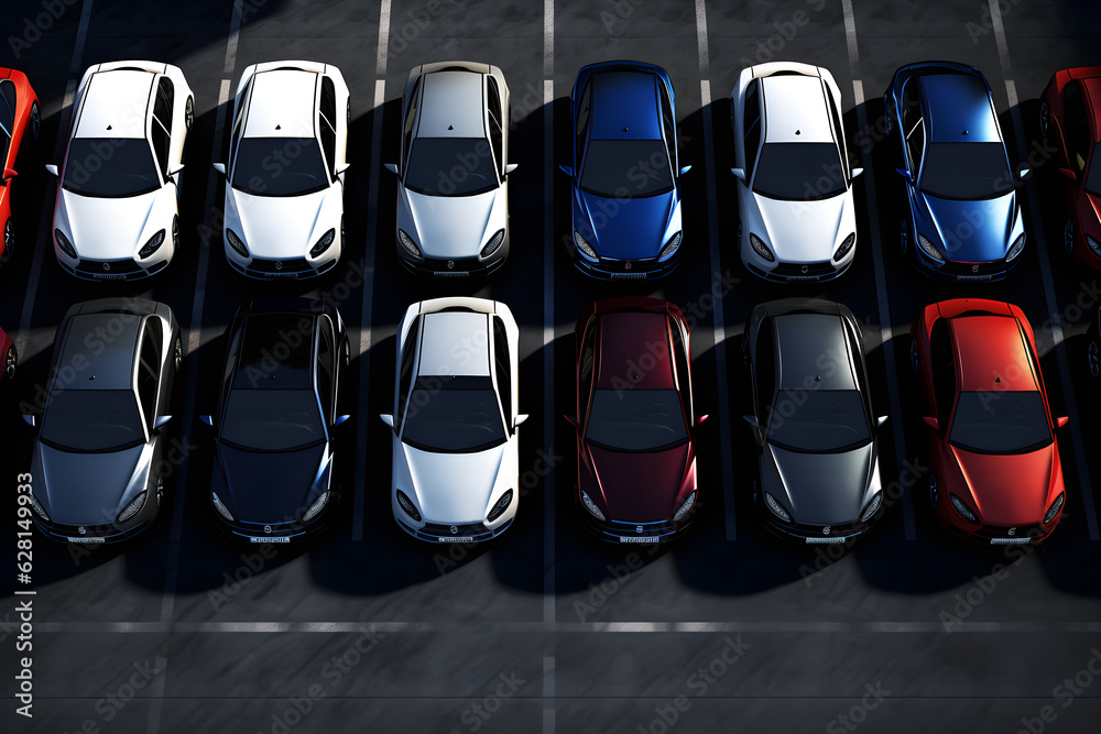 Fototapeta premium Many cars are parked in a parking lot created with Generative AI technology