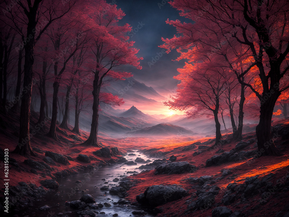 Landscape image of a sunrise behind the mountains. River flowing through a forest with autumn colors. Concepts of environment, nature and outdoors. Landscape image of a sunrise behind the mountains. River flowing through a forest with autumn colors. Concepts of environment, nature and outdoors.