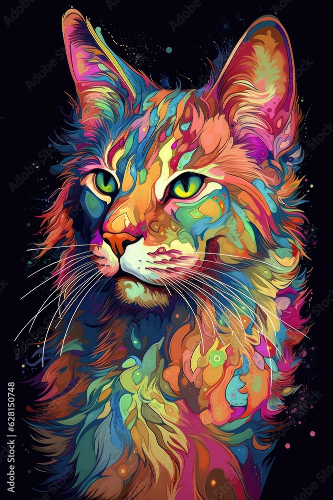 Maine Coon Sphynx cat psychedelic look. Generative AI