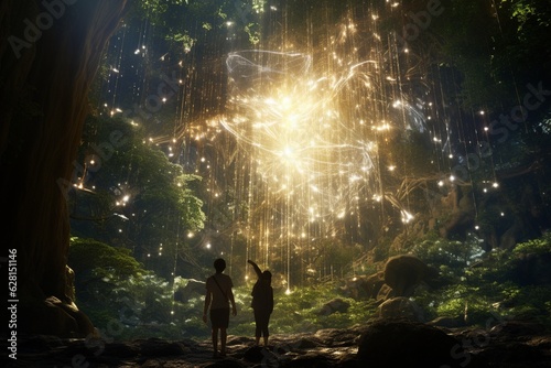 Photograph of people exploring enchanted forests in the midst of exuberant nature  awakening the connection with nature and inner serenity  Generative AI