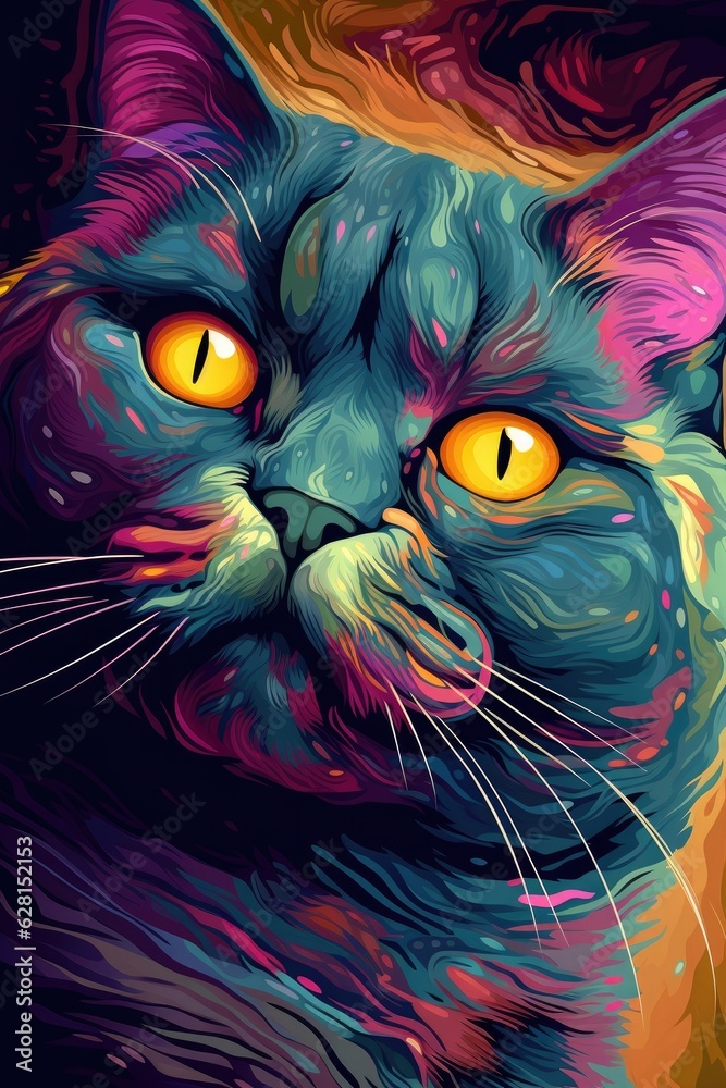 British Shorthair cat psychedelic look. Generative AI