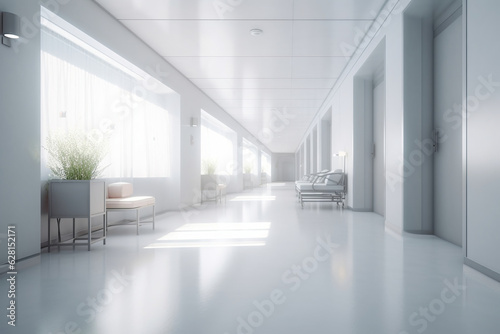 Empty hospital corridor in white. clean hospital corridor without people, nobody. Generative AI