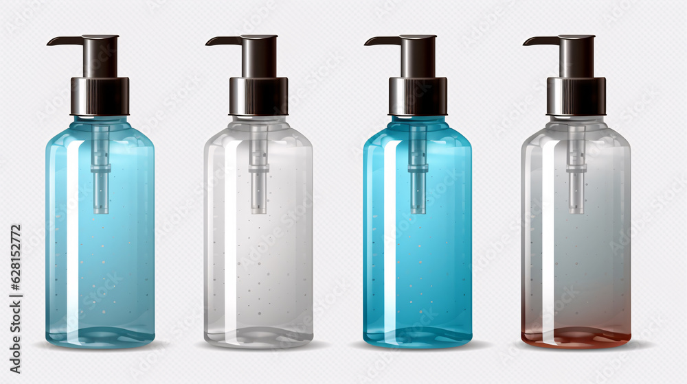 Empty cosmetic bottles with dispensers on a clear white background, isolated object, suitable for design purposes. Multicolor.