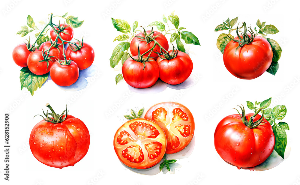 Set of drawn tomatoes. Watercolor tomatoes. Tomatoes on a branch with green leaves. Tomato close-up. Chopped tomatoes. Isolated on a white background. KI. Set of drawn tomatoes. Watercolor tomatoes. Tomatoes on a branch with green leaves. Tomato close-up. Chopped tomatoes. Isolated on a white background. KI.