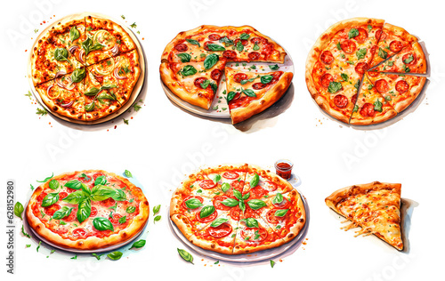 Set of drawn pizzas. Italian pizza. Round watercolor pizza top/side view. A piece of pizza. Isolated on a white background. KI.