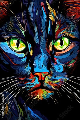 Russian Black cat psychedelic look. Generative AI