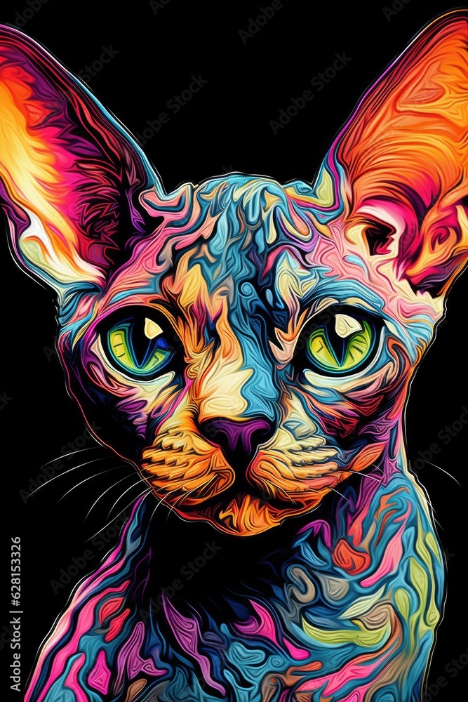 Naklejka premium Devon Rex Sphynx cat psychedelic look. Generative AI